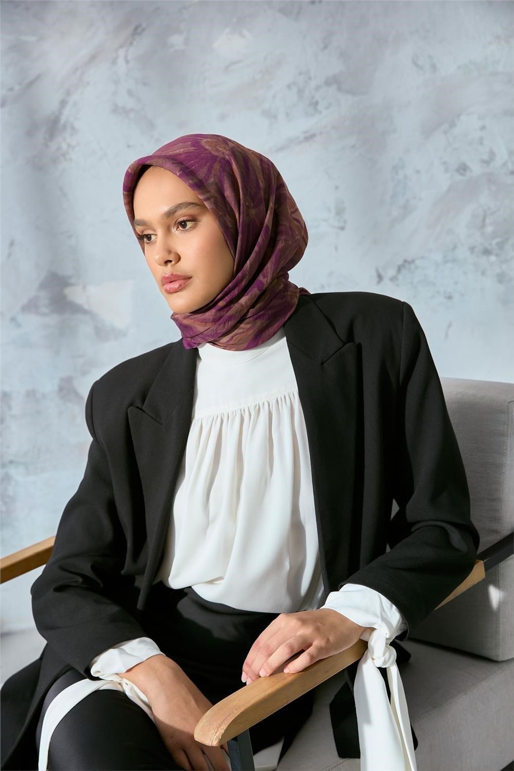 Viskon Velora Eşarp Violet-Camel Tonlu Desenli Tok Duruşlu Kaymaz 90x90