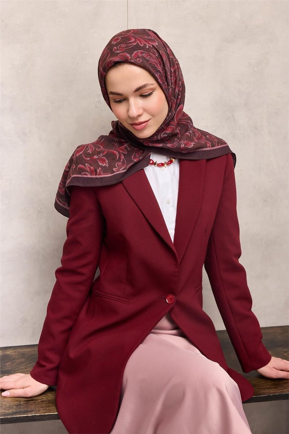 Viskon Velora Eşarp Vişne Moru Tonlu Barok Floral Desenli Tok Duruşlu 90x90