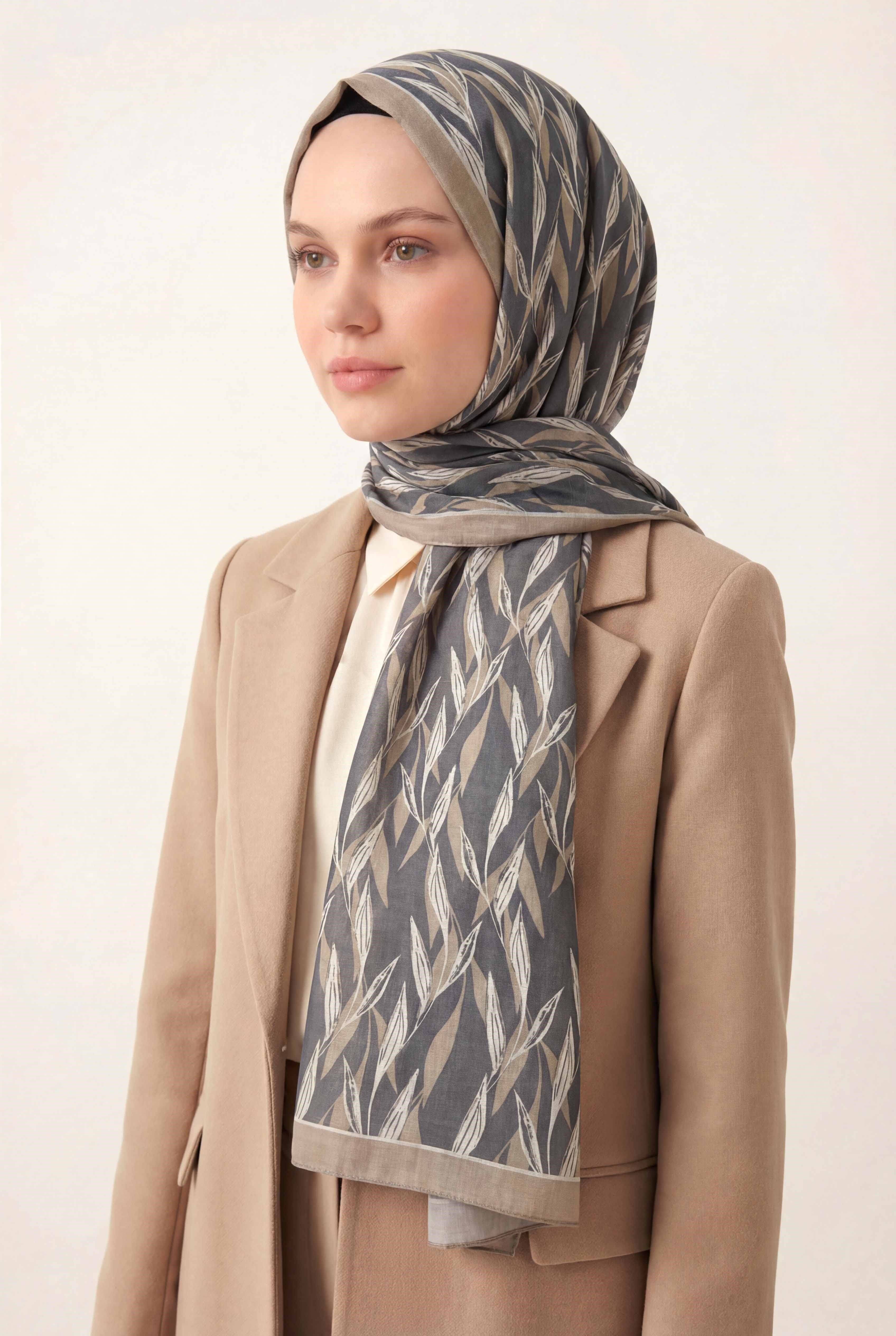 Yaprak Desen Füme 75X195 Soft Şal
