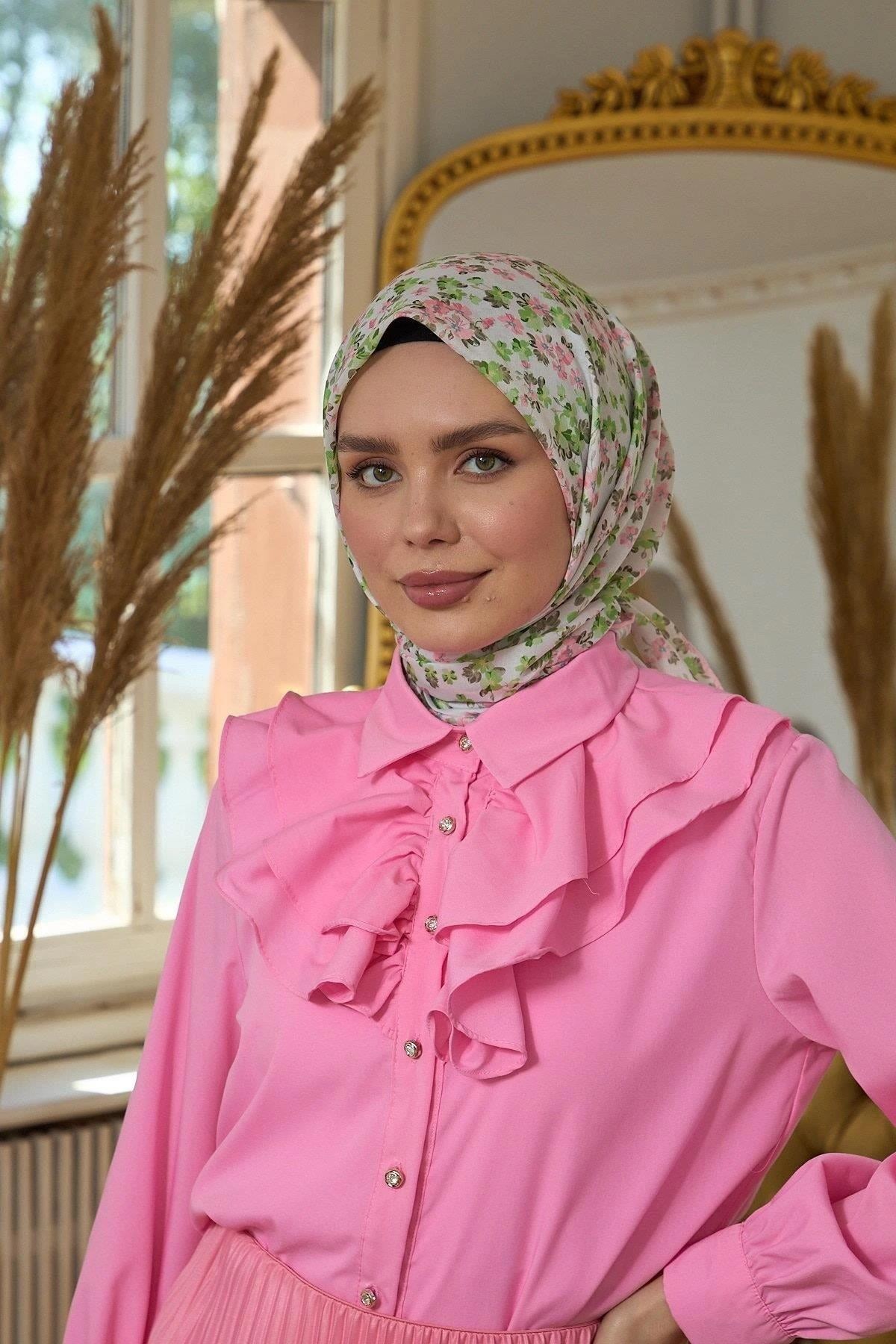 Yaz Işıltısı Koleksiyonu Soft Eşarp Toz Pembe Yeşil 1191-05