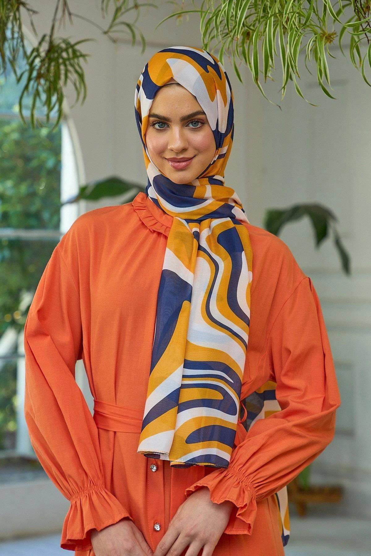 Yaz Işıltısı Koleksiyonu Soft Şal Orange Lacivert 3044-15
