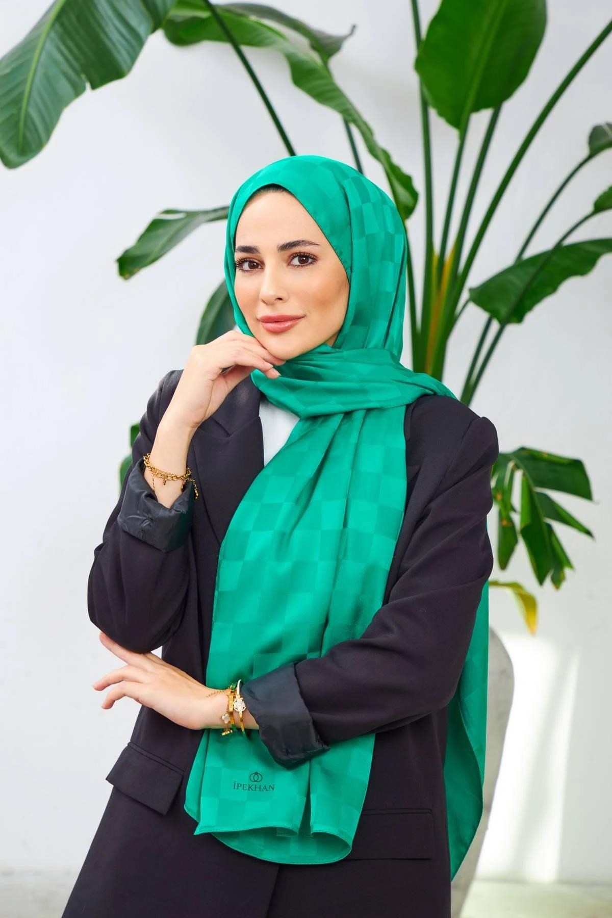 Yeni Dama Desen İpeksi Jakar Şal Benetton Yeşil 9007-23