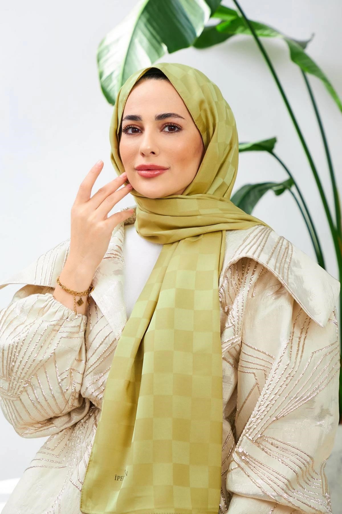 Yeni Dama Desen İpeksi Jakar Şal Haki 9007-20
