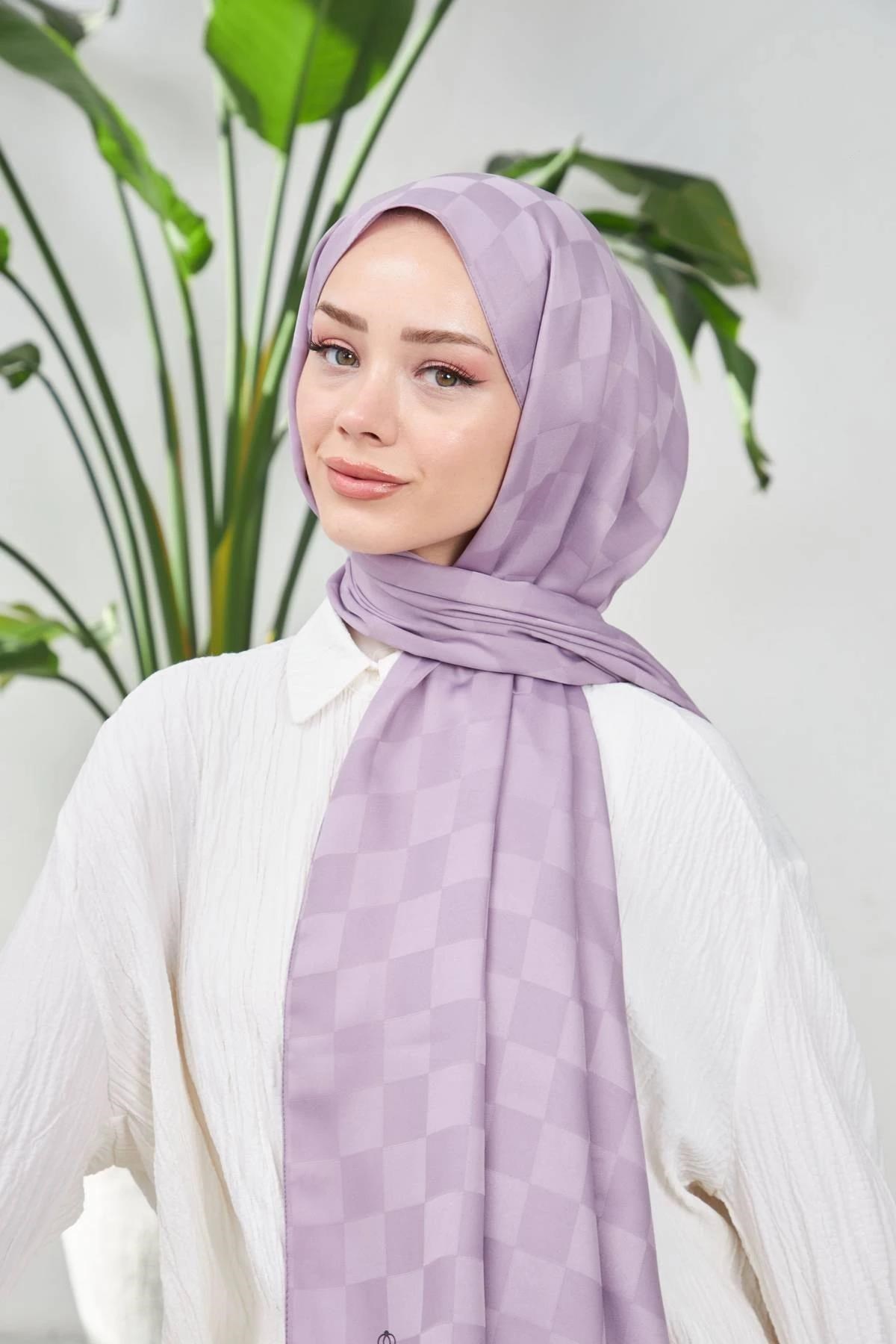 Yeni Dama Desen İpeksi Jakar Şal Lila 9007-07