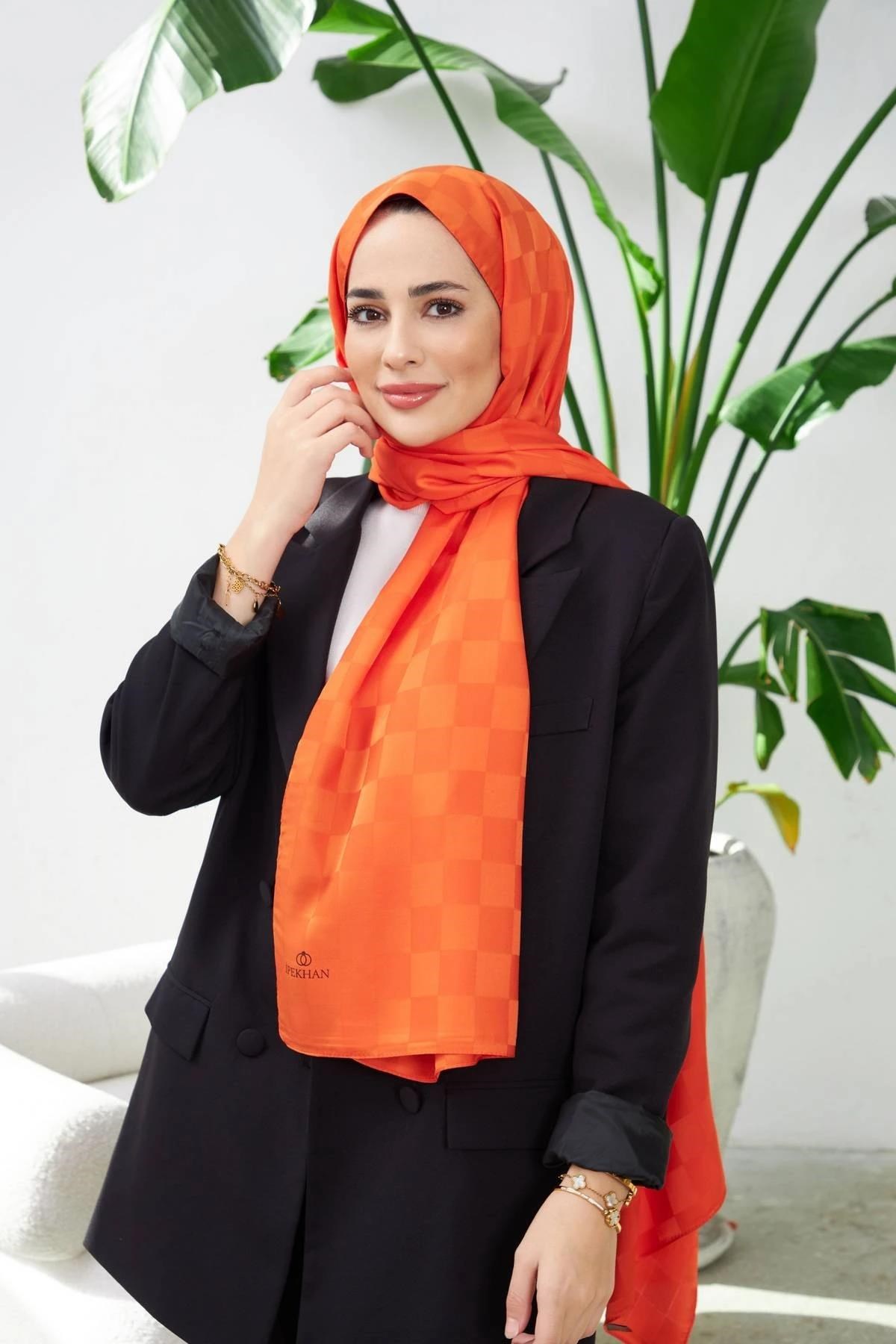 Yeni Dama Desen İpeksi Jakar Şal Turuncu 9007-13