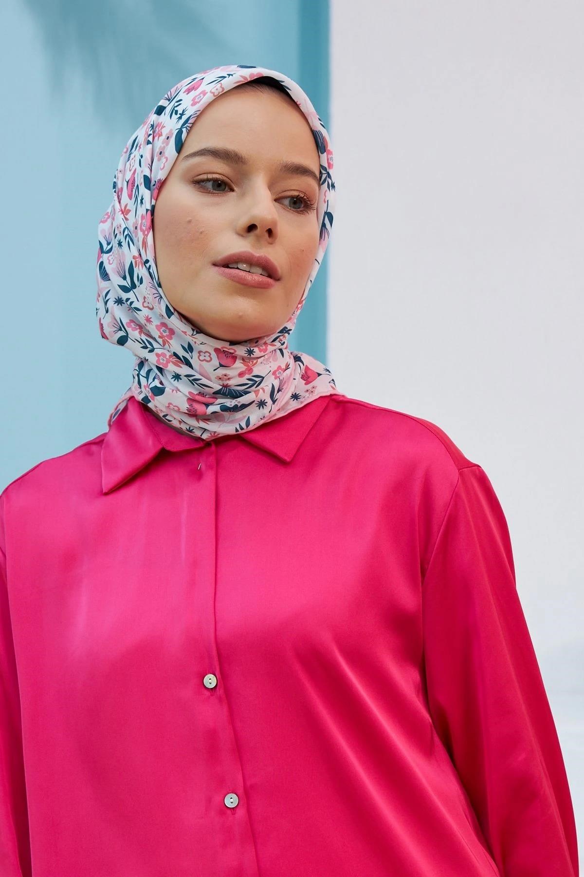 Zambak Pembe Pamuk Viskon Eşarp