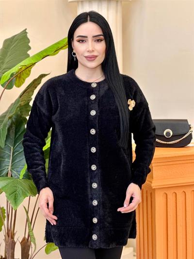 Angora Broşlu Uzun Hırka 7668 T-25 Siyah