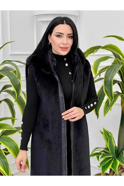 Angora Kürk Yelek 7339 Siyah