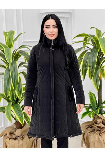 Angora Yaka Şişme Kaban 7302 Siyah