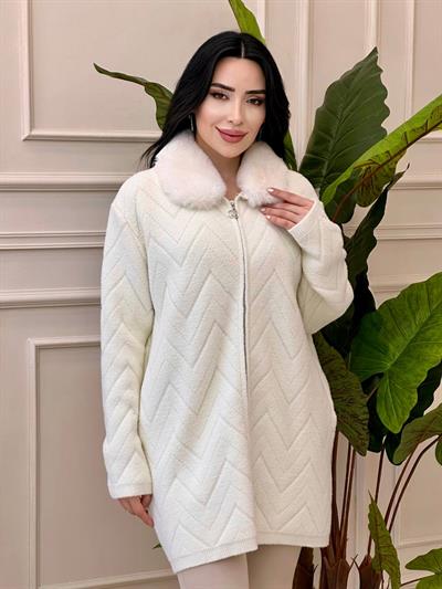 Angora Yakası Kürklü Hırka 7639 t-24 Ekru