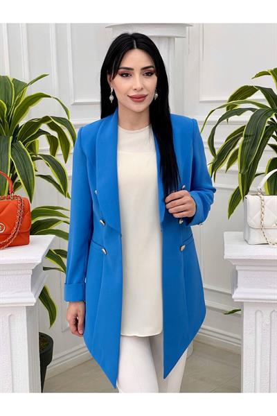 Asimetrik Blazer Tek Ceket 2305 Mavi