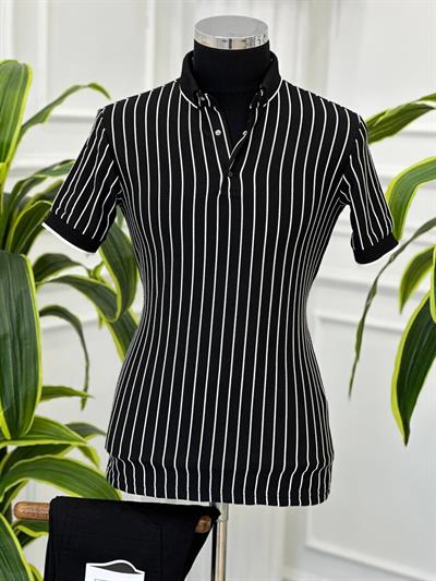 Ayaklı Çizğili Pola Yaka Tişort 1778 t-24 Siyah-Ekru