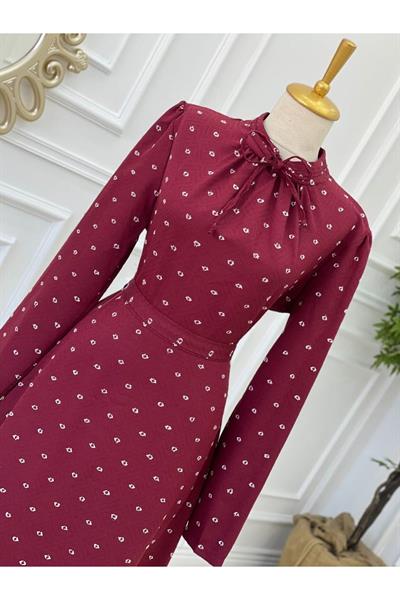 Bağcıklı Baskı Elbise 2927 Bordo