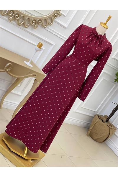 Bağcıklı Baskı Elbise 2927 Bordo