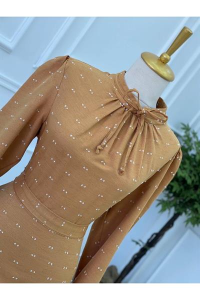 Bağcıklı Baskı Elbise 2927 Sarı