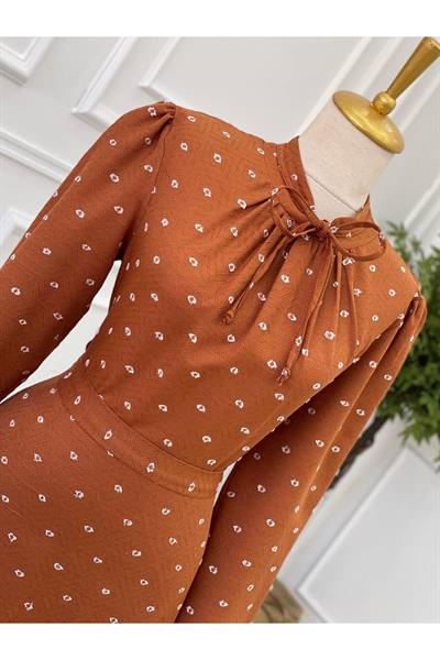Bağcıklı Baskı Elbise 2927 Taba