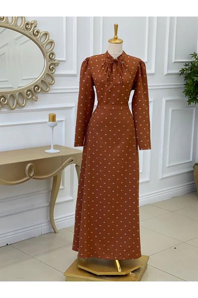 Bağcıklı Baskı Elbise 2927 Taba
