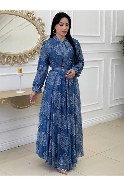 Bağcıklı Güpür Elbise 3469 Mavi