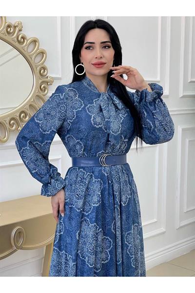 Bağcıklı Güpür Elbise 3469 Mavi