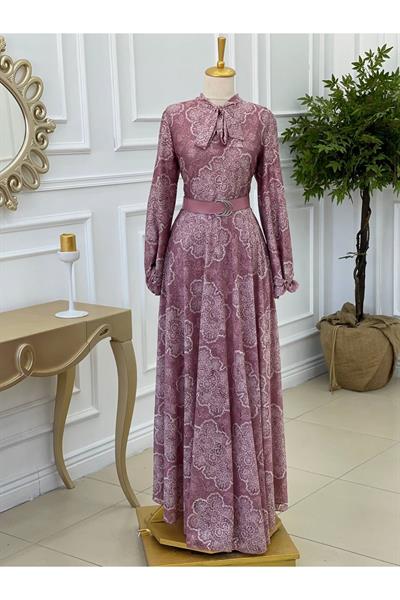 Bağcıklı Güpür Elbise 3469 Purdra