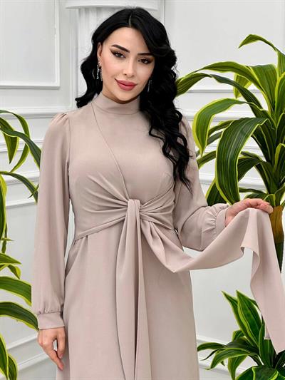 Bağlamalı Krep Elbise 9391 t-24 Bej