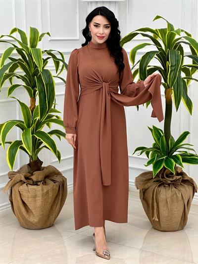 Bağlamalı Krep Elbise 9391 t-24 Taba