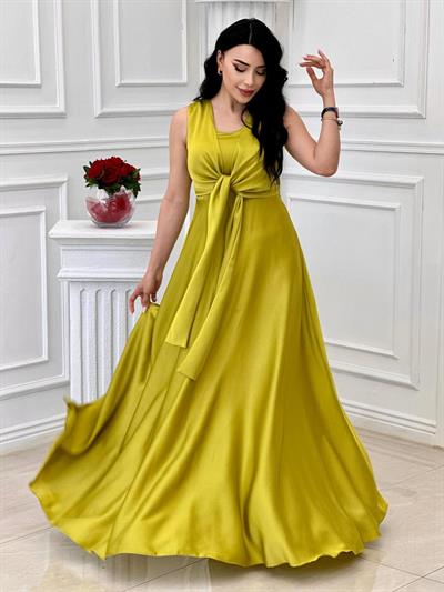 Bağlamalı Saten Abiye 4193 t-24 Yağ Yeşili