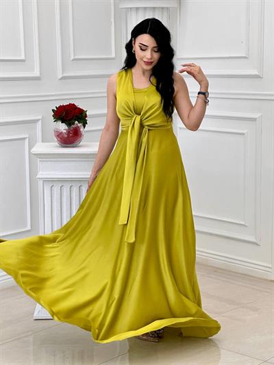 Bağlamalı Saten Abiye 4193 t-24 Yağ Yeşili