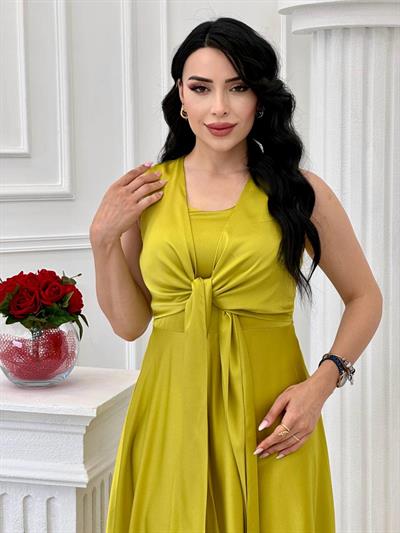 Bağlamalı Saten Abiye 4193 t-24 Yağ Yeşili