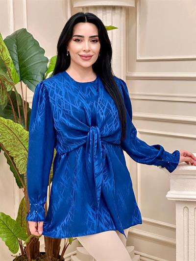 Bağlamalı Saten Tunik 24054 T-24 Mavi