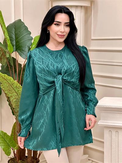 Bağlamalı Saten Tunik 24054 T-24 Zümrüt Yeşil