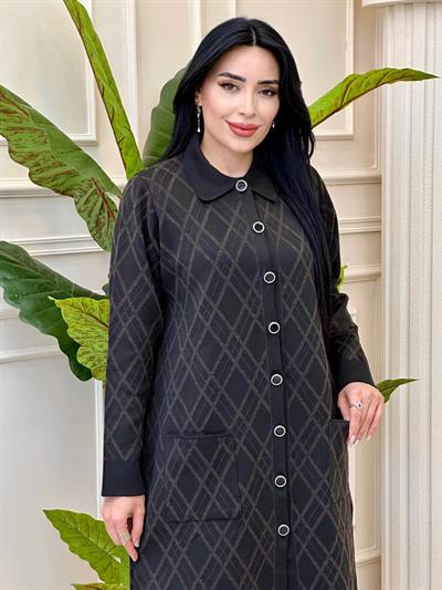 Baklava Desen Düğmeli Uzun Hırka 33040 t-24 Siyah