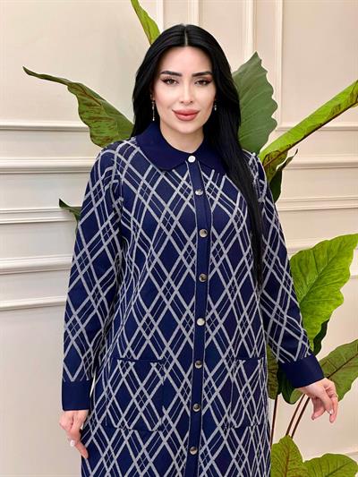 Baklava Desen Düğmeli Uzun Hırka 33040 t-24 Lacivert
