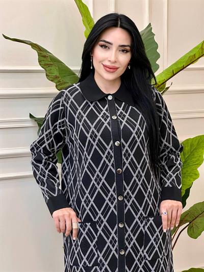 Baklava Desen Düğmeli Uzun Hırka 33040 t-24 Siyah Beyaz