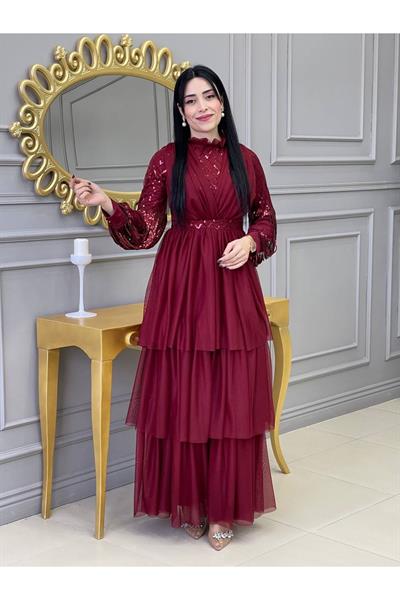 Baklava Payet Tül Elbise 2059 Bordo