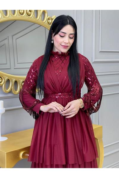 Baklava Payet Tül Elbise 2059 Bordo
