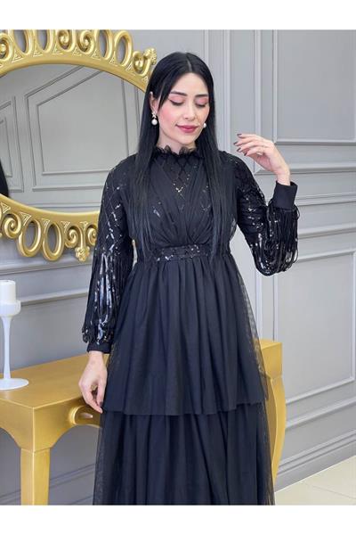 Baklava Payet Tül Elbise 2059 Siyah