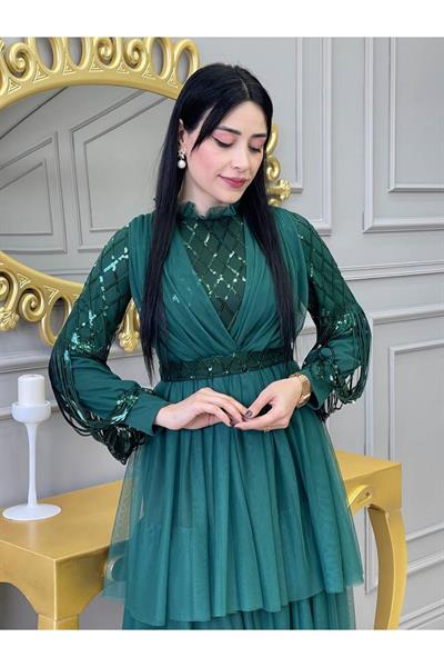 Baklava Payet Tül Elbise 2059 Yeşil
