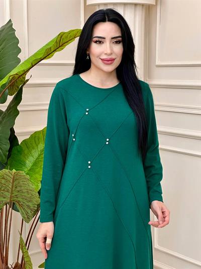 Baklava Şerit Yumoş Örme Elbise 9058 t-24 Zümrüt Yeşil