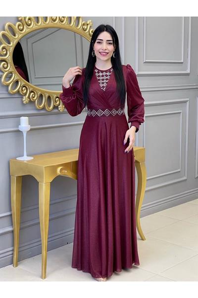 Baklava Taş Simli Elbise 3883 Bordo