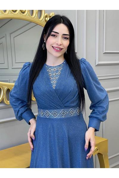 Baklava Taş Simli Elbise 3883 İndigo Mavi