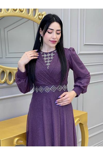 Baklava Taş Simli Elbise 3883 Mor