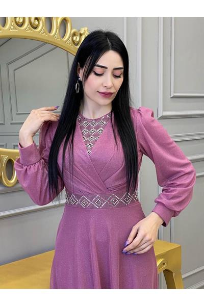 Baklava Taş Simli Elbise 3883 Rose