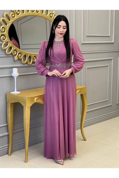 Baklava Taş Simli Elbise 3883 Rose