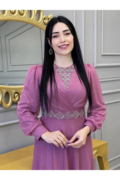 Baklava Taş Simli Elbise 3883 Rose