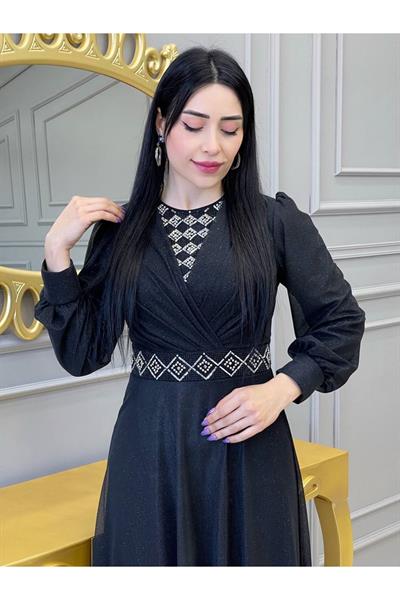 Baklava Taş Simli Elbise 3883 Siyah