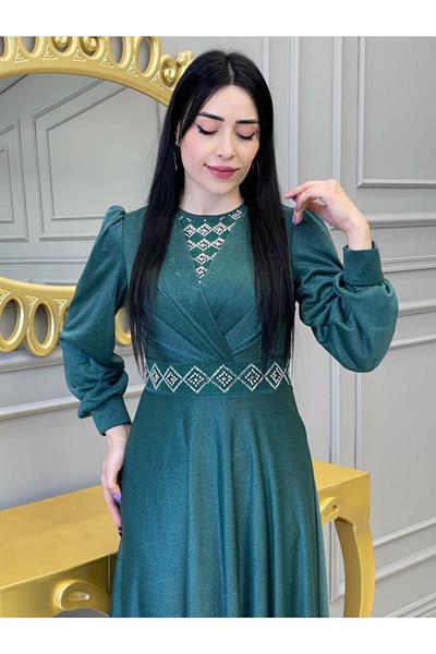 Baklava Taş Simli Elbise 3883 Yeşil