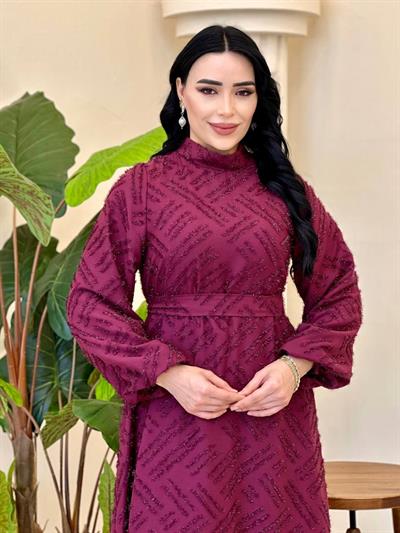 Balon Kol Bağcıklı Simli Elbise 4584 T-25 Bordo