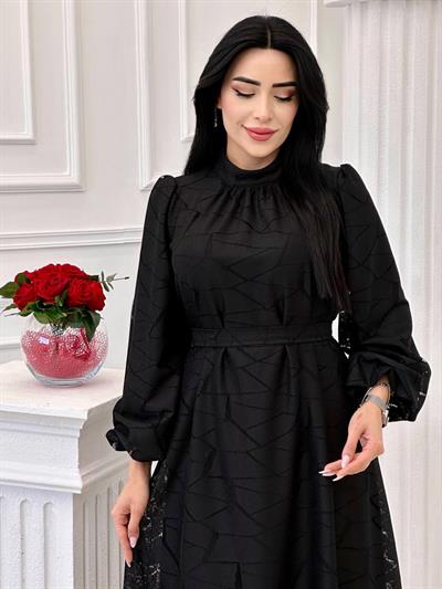 Balon Kol Dantel Elbise 9517 t-24 Siyah