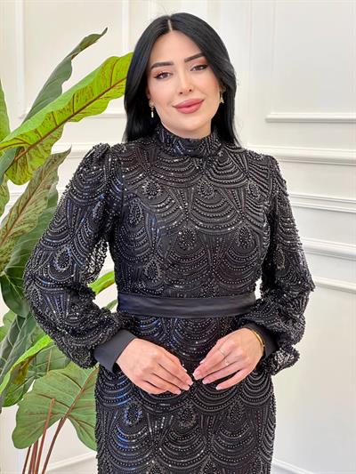 Balon Kol İnci İşleme Abiye Siyah